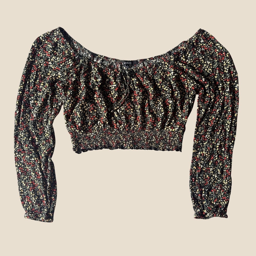 Ambiance Floral Off Shoulder Crop Top Black Red Ditsy Smocked Long Sleeve L